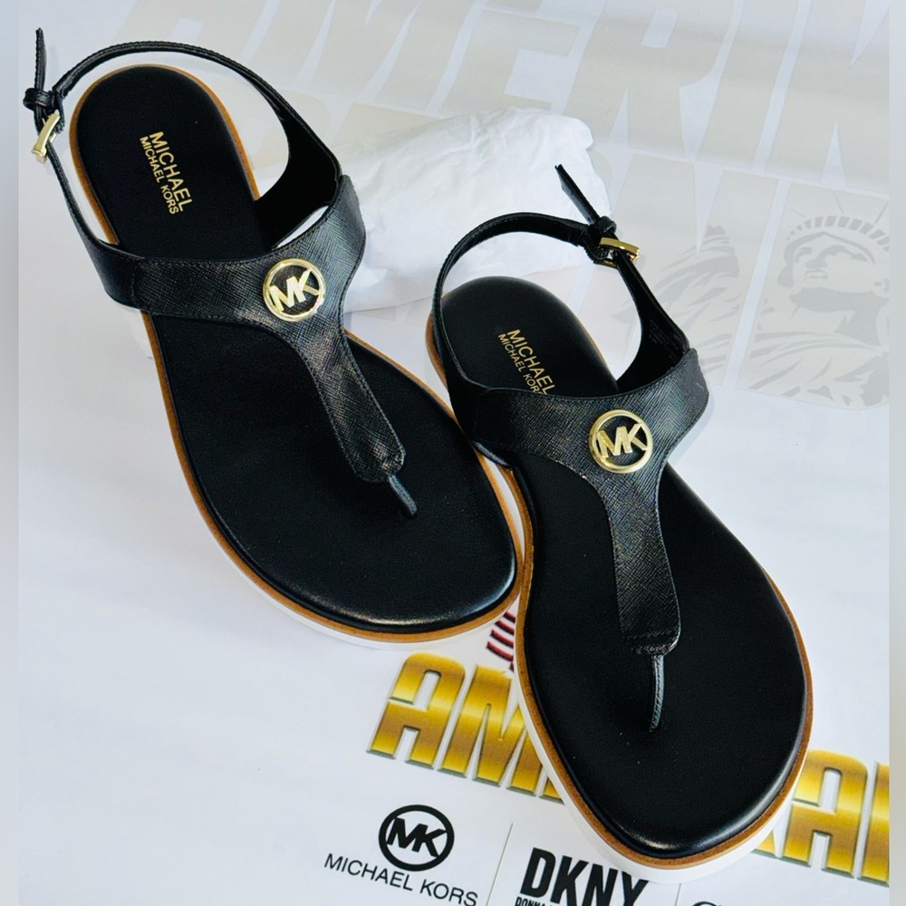 Michael Kors Judy Thong Sandal Black Saffiano Pvc / Gold Accents/With Box